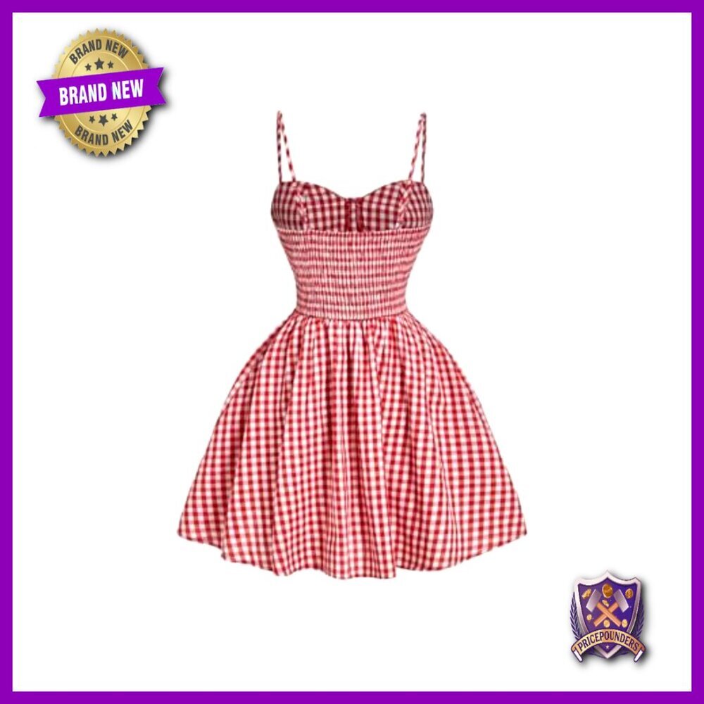 Plaid Cami Dress Spaghetti Strap Ruffle Hem Button Front Casual Chic - Picture 2 of 4